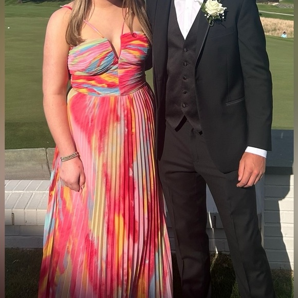 XScape Abstract Print Pleated Chiffon Halter Neckline Sleeveless Maxi Dress - Picture 2 of 9